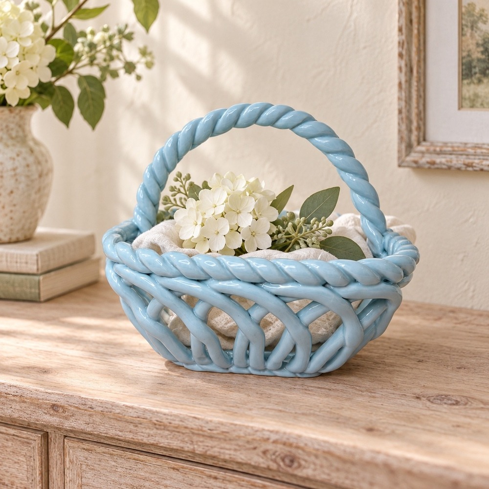 Grace's Pantry Light Blue Ceramic Hand Woven Basket Twisted Handle 7x6